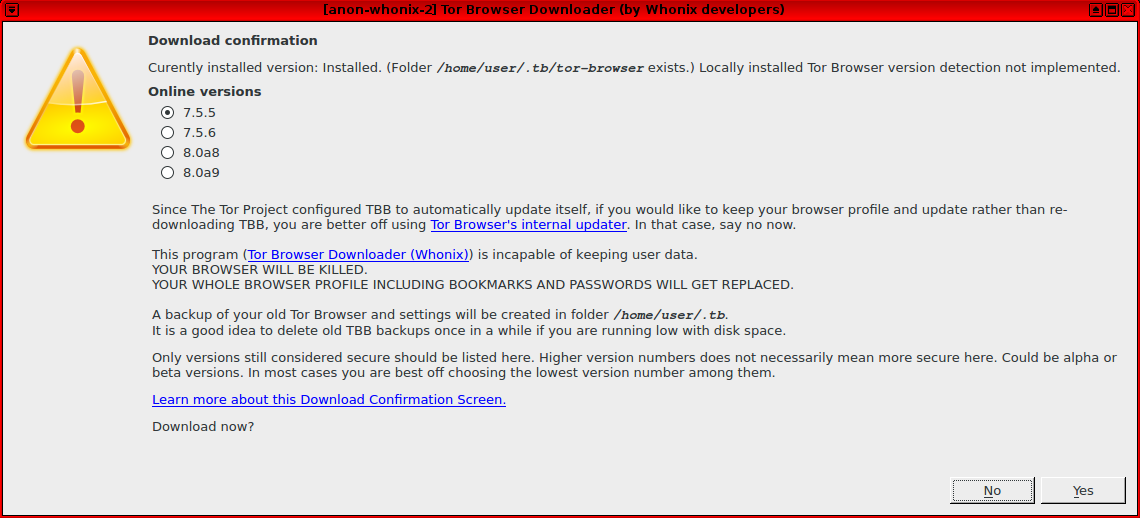 Tor Browser Downloader (Whonix) Download Confirmation