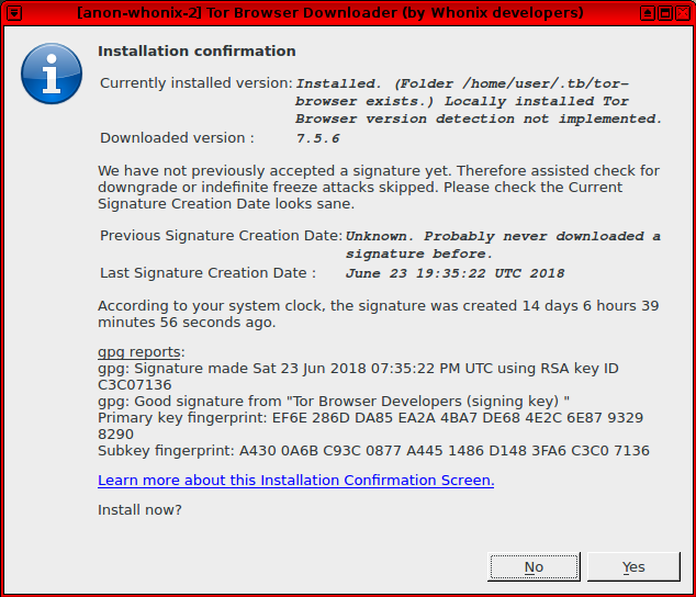 Tor Browser Downloader (Whonix) Installation Confirmation.