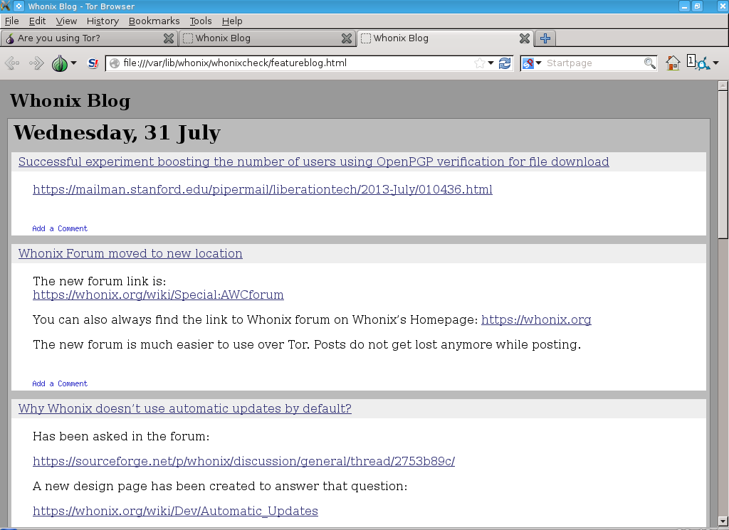 Whonix News Blog opened offline