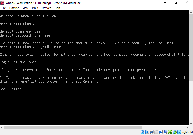 Whonix-Workstation CLI VM running in virtualizer VirtualBox (real screenshot)