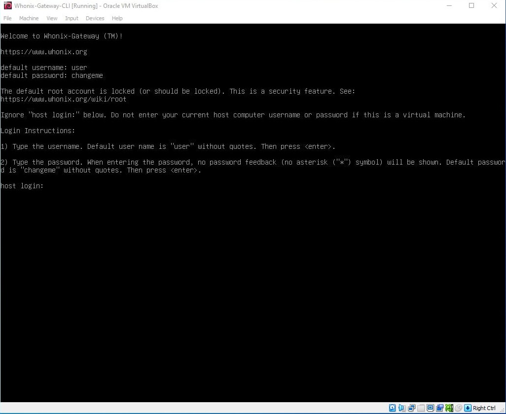 Whonix-Gateway CLI VM running in virtualizer VirtualBox (real screenshot)