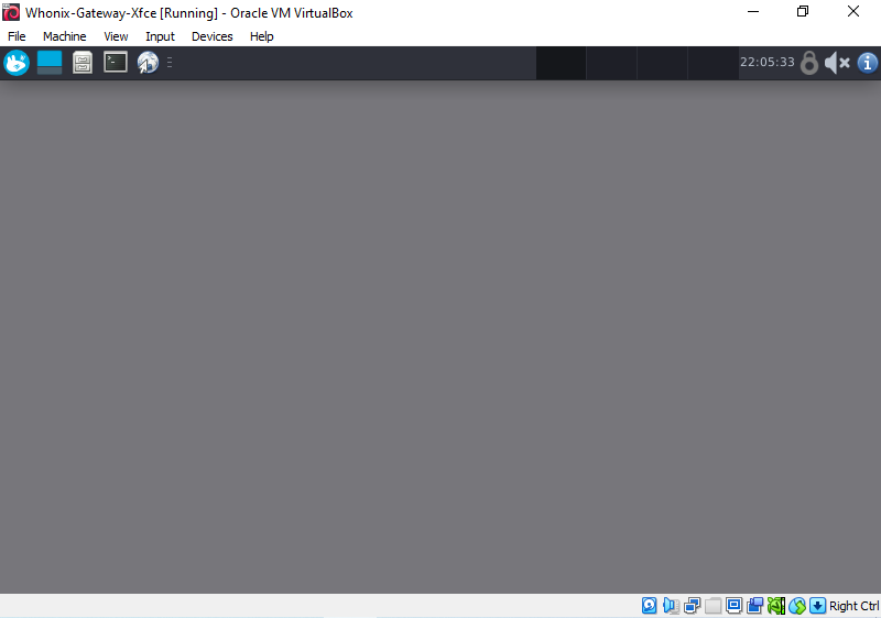 {{project_name_gateway_short Xfce VM running in virtualizer VirtualBox (real screenshot)