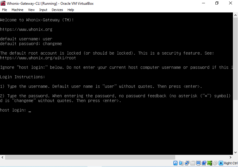 Whonix-Gateway CLI VM running in virtualizer VirtualBox (real screenshot)