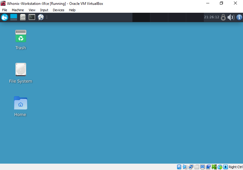 Whonix-Workstation Xfce VM running in virtualizer VirtualBox (real screenshot)