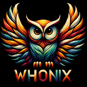 Oil painting style logo with a stylized owl, representing wisdom and privacy, with its wings spread wide, and the word 'Whonix' inscribed beneath by DALL·E