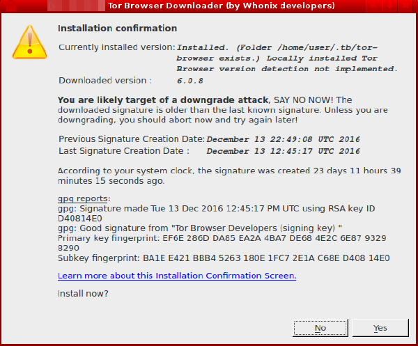 Tor Browser Downloader (Whonix) Installation Confirmation.