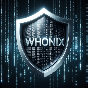 Illustration of a shield integrating binary code, representing protection and digital nature, with 'Whonix' written across the shield in sleek silver by DALL·E
